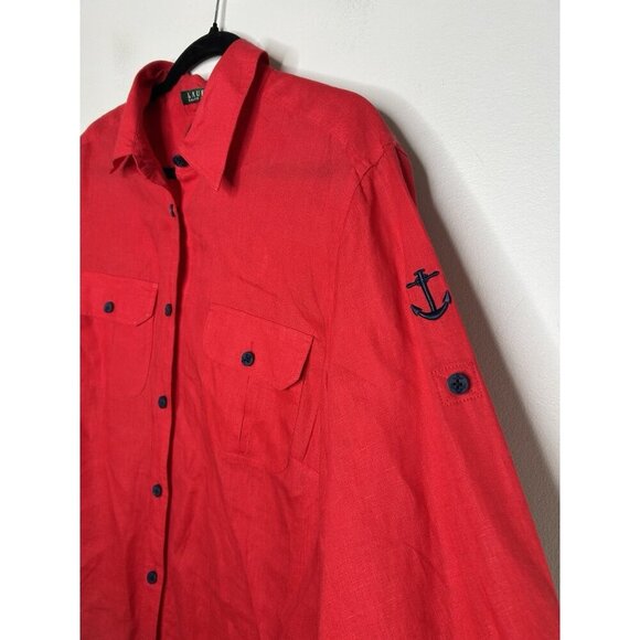 Lauren Ralph Lauren Shirt Women Red Pure 100% Linen Anchor Plus Size 1X - Picture 3 of 9